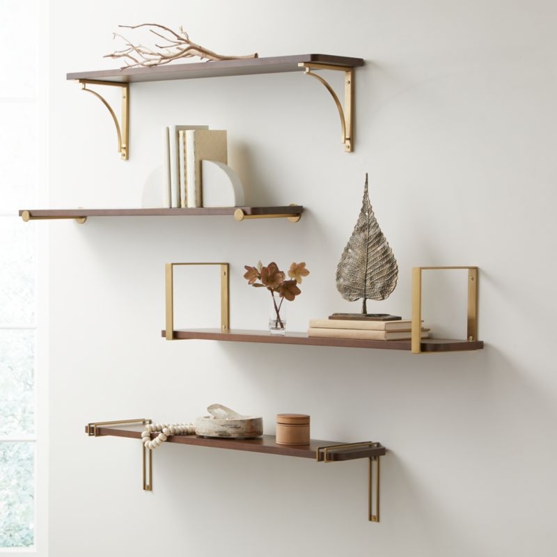 Riggs 36" Walnut Shelf with Brass Duo Band Brackets - Image 1