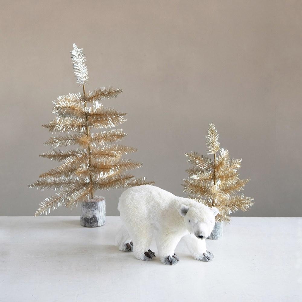 Tinsel Tree with Wood Slice Base, Silver & Gold Finish - Image 1