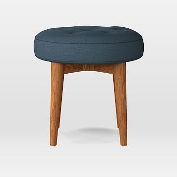 Mid-Century Upholstered Round Bench, Linen Weave, Regal Blue, Pecan - Image 1