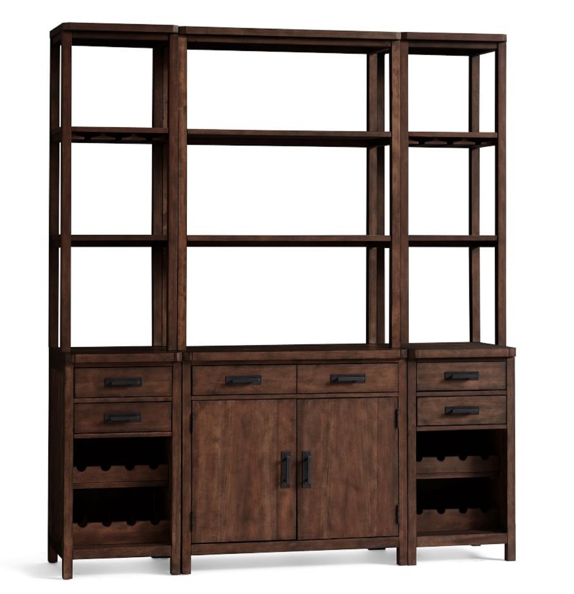 Mateo 16" Modular Bar Tower, Double Cabinet + Double Hutch, 2 Wine Cabinets + 2 Single Hutches, Salvaged Black - Image 0