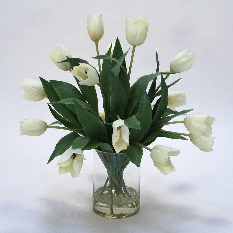 Tulips in Glass Cylinder Vase / Ivory - Image 0