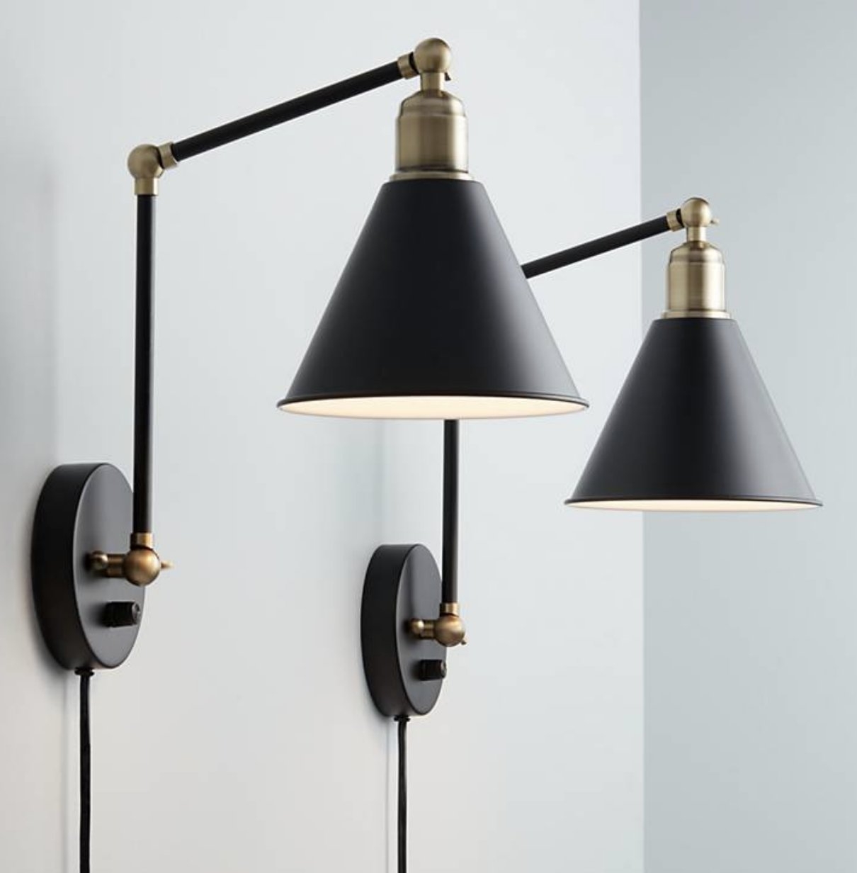 Wray Black and Antique Brass Plug-In Wall Lamp Set of 2 - Image 0