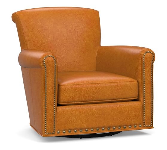 Irving Leather Swivel Armchair, Bronze Nailheads, Polyester Wrapped Cushions, Stetson Chestnut - Image 0
