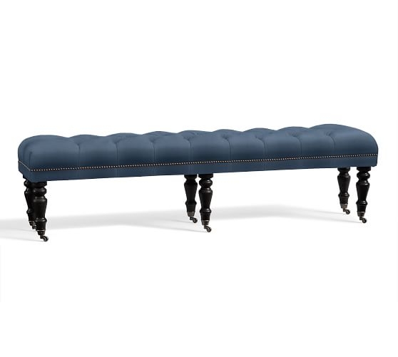 Raleigh Upholstered Tufted King Bench with Turned Mahogany Legs and Bronze Nailheads, Brushed Crossweave, Navy - Image 0
