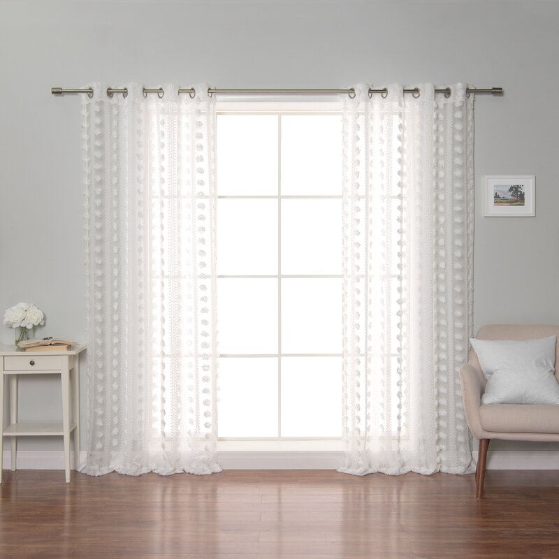 Shira Pom-Pom/Daisy Floral Sheer Grommet Curtain Panels (Set of 2) - Image 0