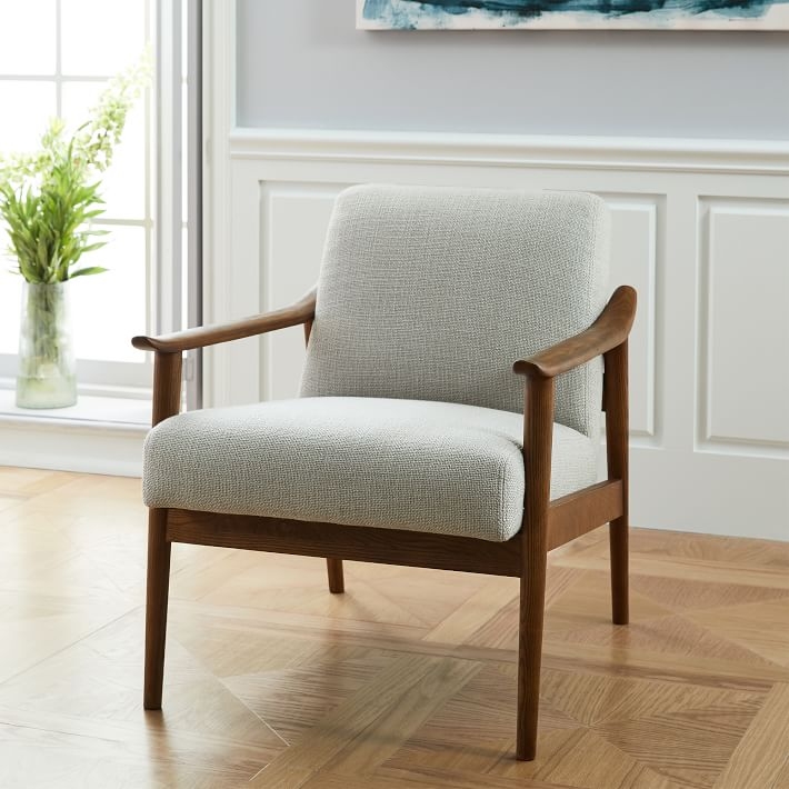 Mid-Century Show Wood Upholstered Chair, Chunky Basketweave, Stone - Image 2
