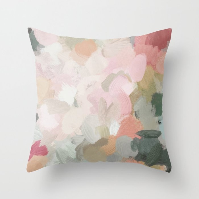 Forest Green Fuchsia Blush Pink Abstract Flower Spring Painting Art Throw Pillow - Image 0