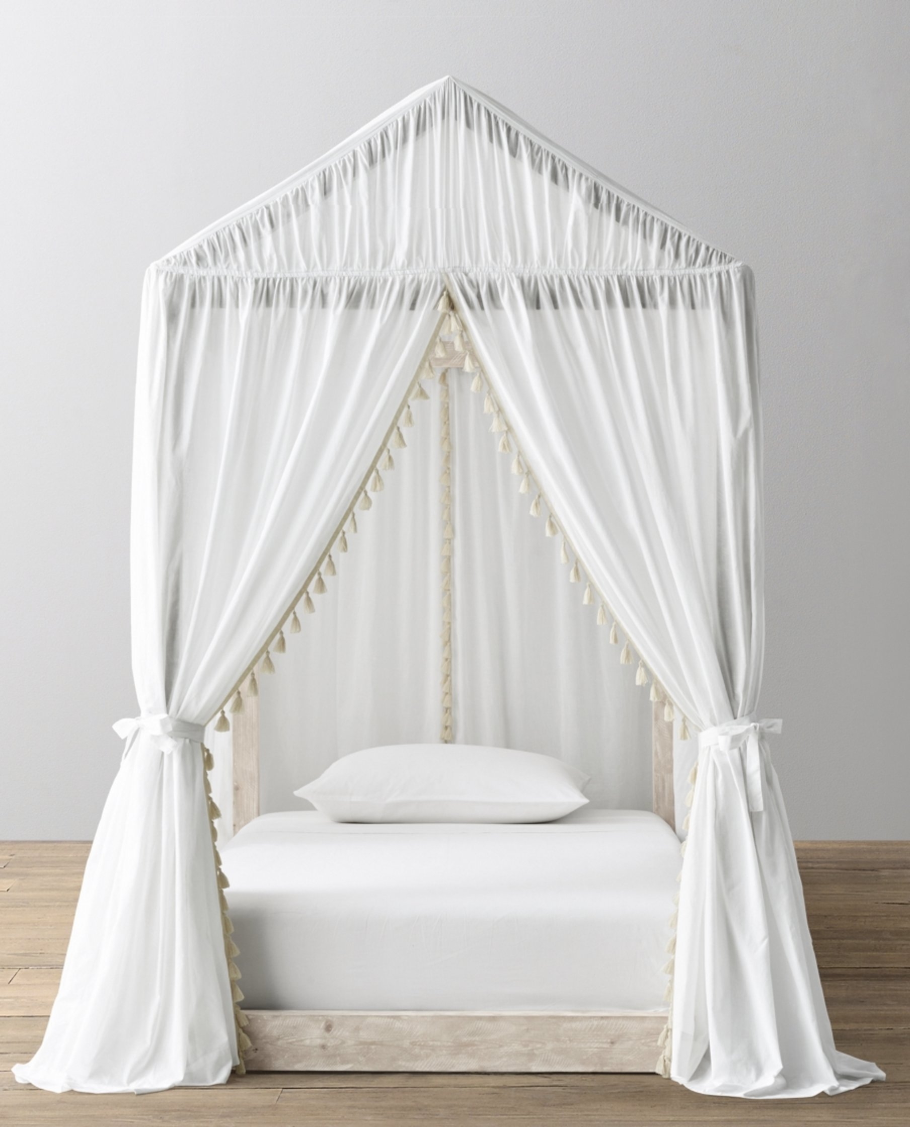 COLE HOUSE PLATFORM BED & TASSEL VOILE CANOPY - NATURAL - WEATHERED WHITE - FULL - Image 0