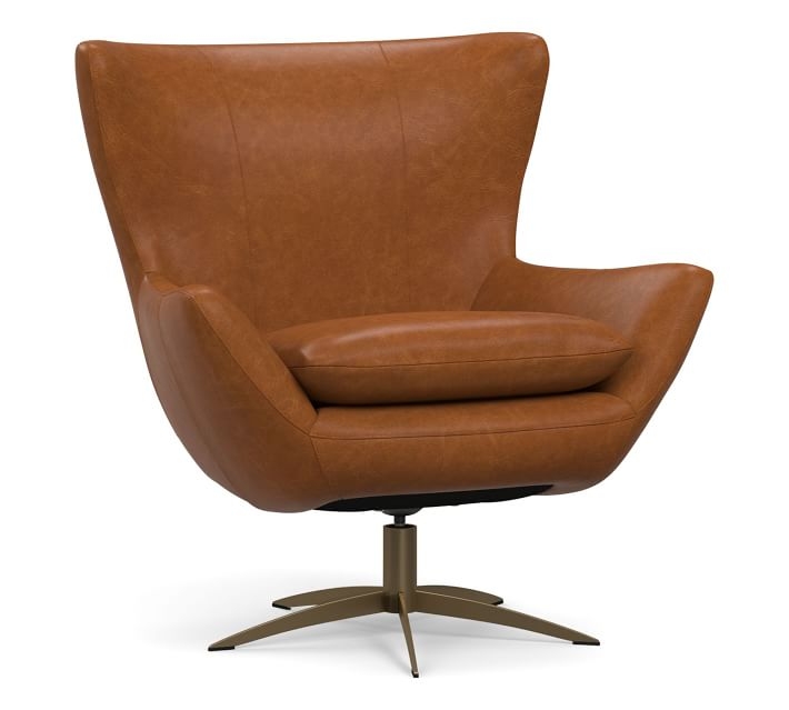 Wells Leather Tight Back Petite Swivel Armchair with Brass Base, Polyester Wrapped Cushions, Statesville Caramel - Image 0