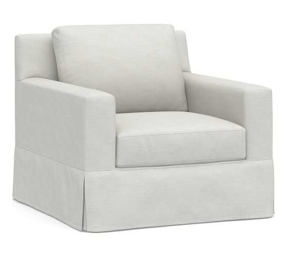 York Square Arm Slipcovered Swivel Armchair, Down Blend Wrapped Cushions, Performance Slub Cotton White - Image 3