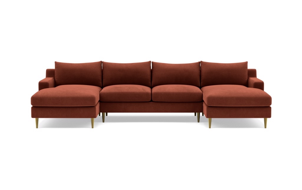 Sloan U-Sectional with Red Rust Fabric, down alternative cushions, extended right chaise, extended left chaise, and Brass Plated legs - Image 0