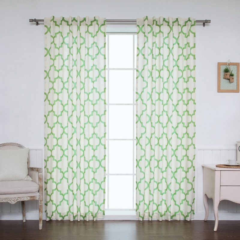 Moroccan Geometric Sheer Rod Pocket Curtain Panels - pair of 96" L x 52" W - Green - Image 0