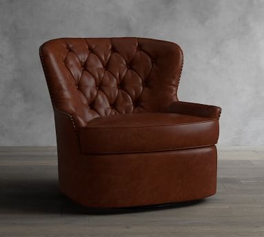 Cardiff Leather Swivel Armchair, Polyester Wrapped Cushions, Statesville Molasses - Image 1