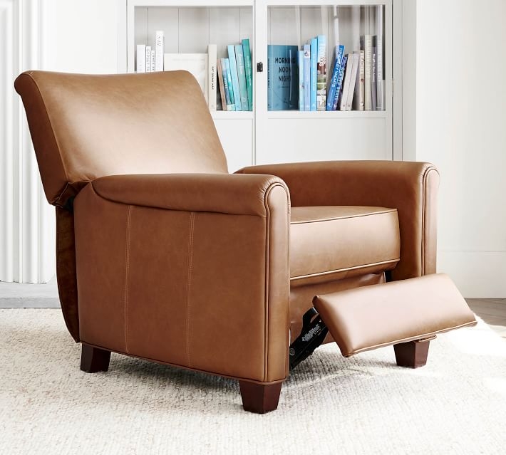 Irving Roll Arm Leather Recliner, Polyester Wrapped Cushions, Leather Vintage Caramel - Image 1