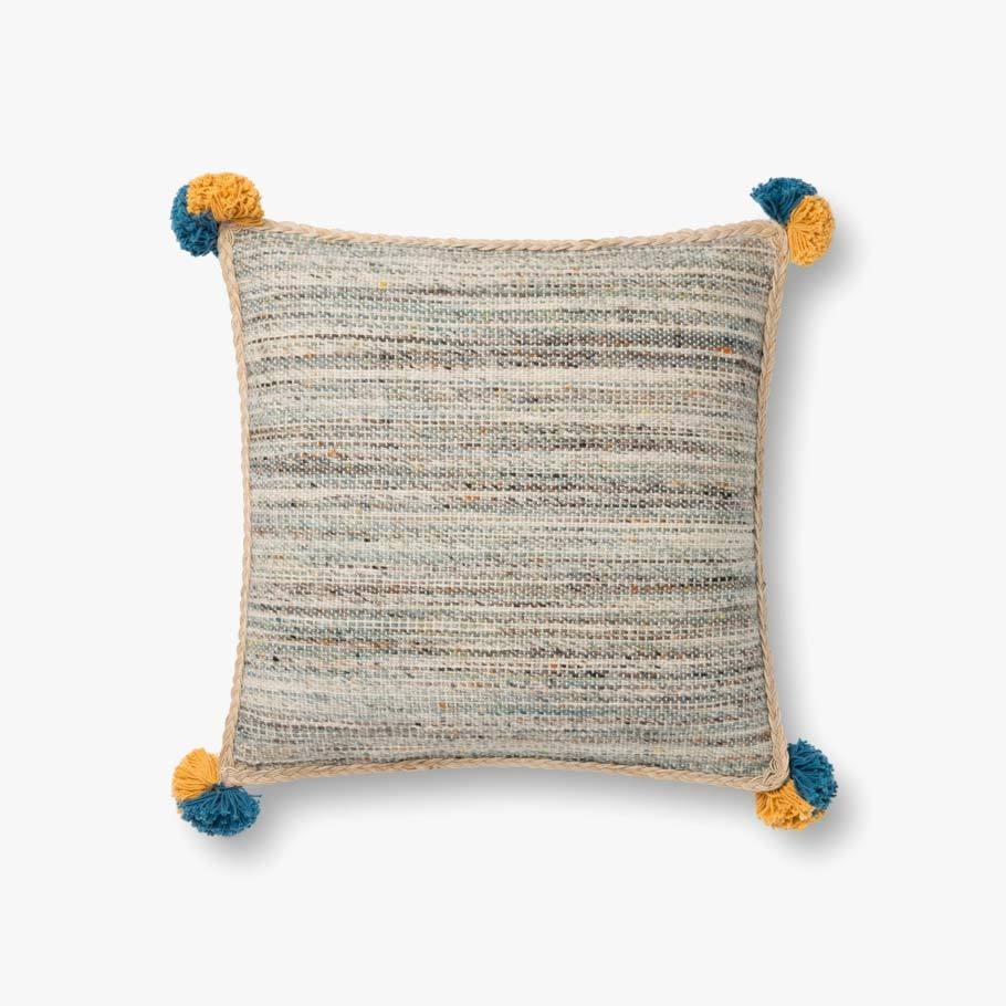 Natural Stripe Throw Pillow with Pom Pom Tassels, 18" x 18" - Image 0