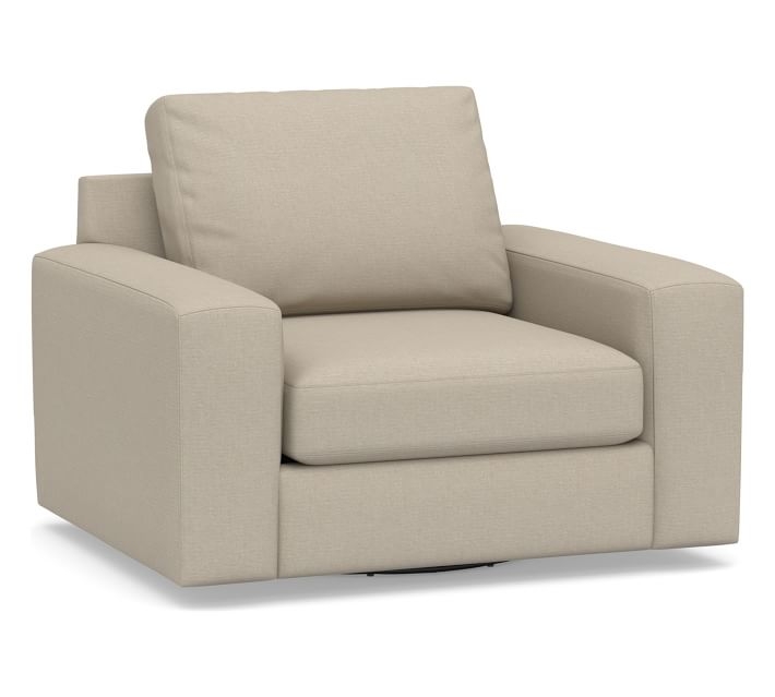 Big Sur Square Arm Upholstered Swivel Armchair, Down Blend Wrapped Cushions, Brushed Crossweave Natural - Image 0