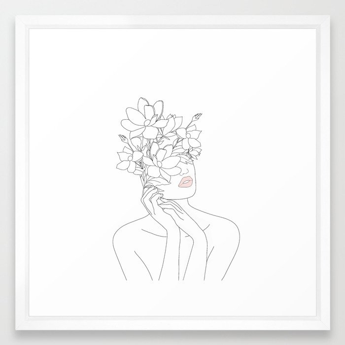 Minimal Line Art Woman with Magnolia Framed Art Print - Image 0