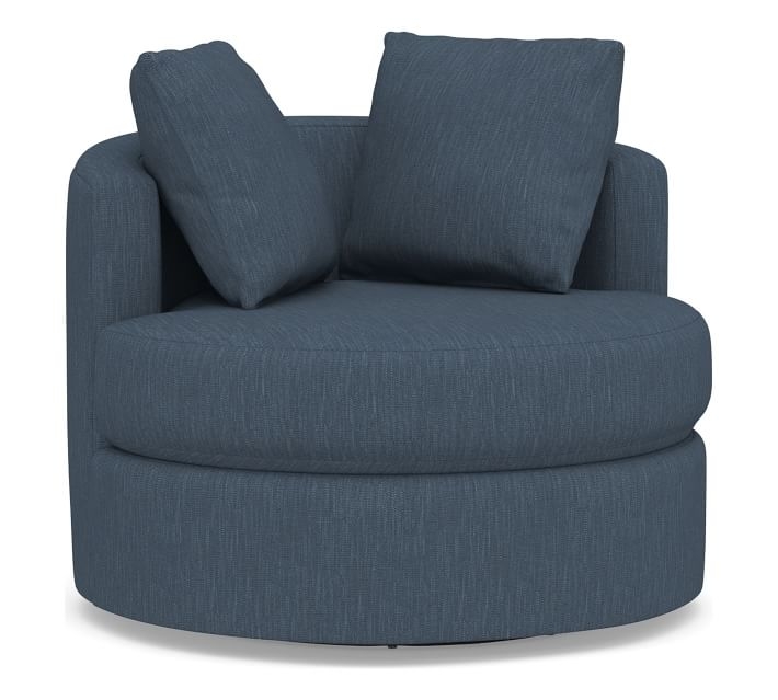 Balboa Upholstered Swivel Armchair, Standard Cushions, Performance Heathered Tweed Indigo - Image 0