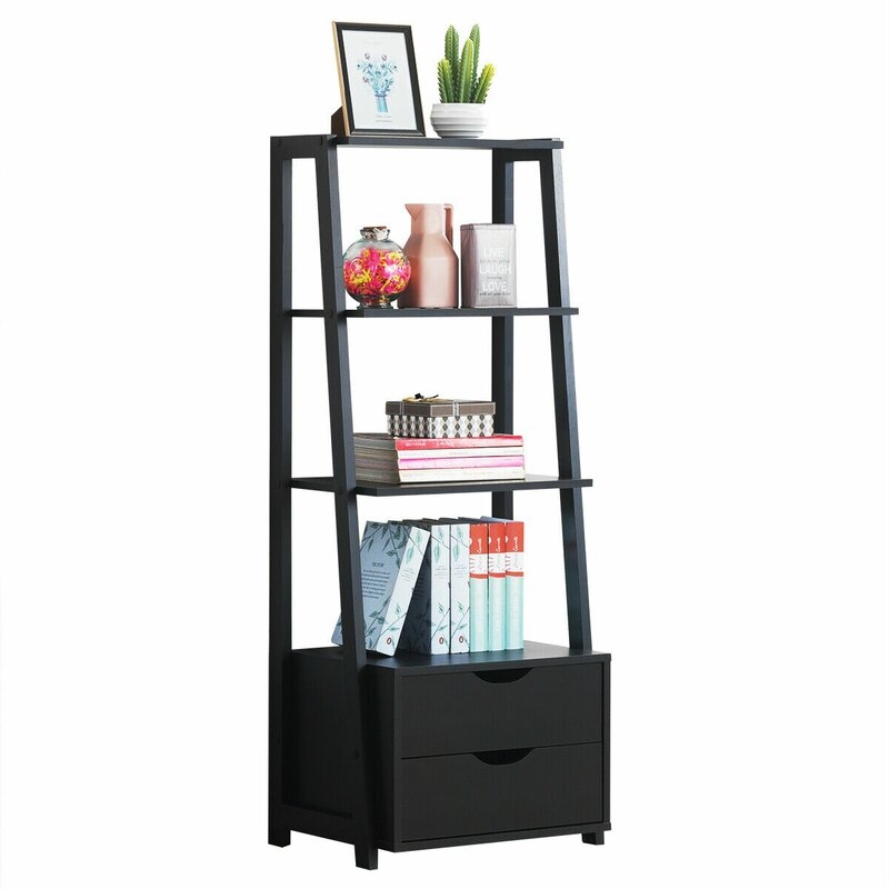 4-tier Ladder Shelf Bookshelf Bookcase Storage Display Leaning With 2 Drawers - Image 0