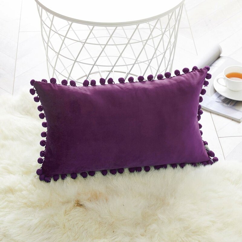 Ekstrom Pom Pom Velvet Lumbar Pillow Cover -Purple - Image 0
