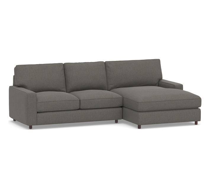 PB Comfort Square Arm Upholstered Left Arm Loveseat with Double Wide Chaise Sectional, Box Edge, Memory Foam Cushions, Chenille Basketweave Charcoal - Image 0