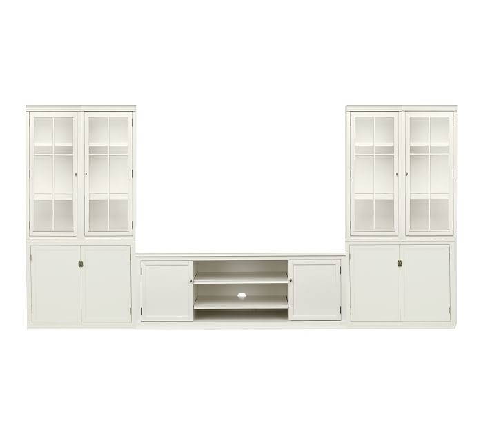 Logan 5-Piece Entertainment Center with Glass Hutch & Cabinet Base, 134" Wide, Alabaster - Image 0