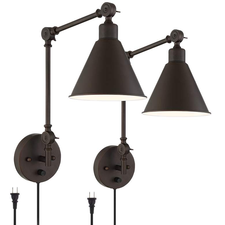 360 Lighting Wray Bronze Metal Adjustable Plug-In Wall Lamps Set of 2 - Image 1