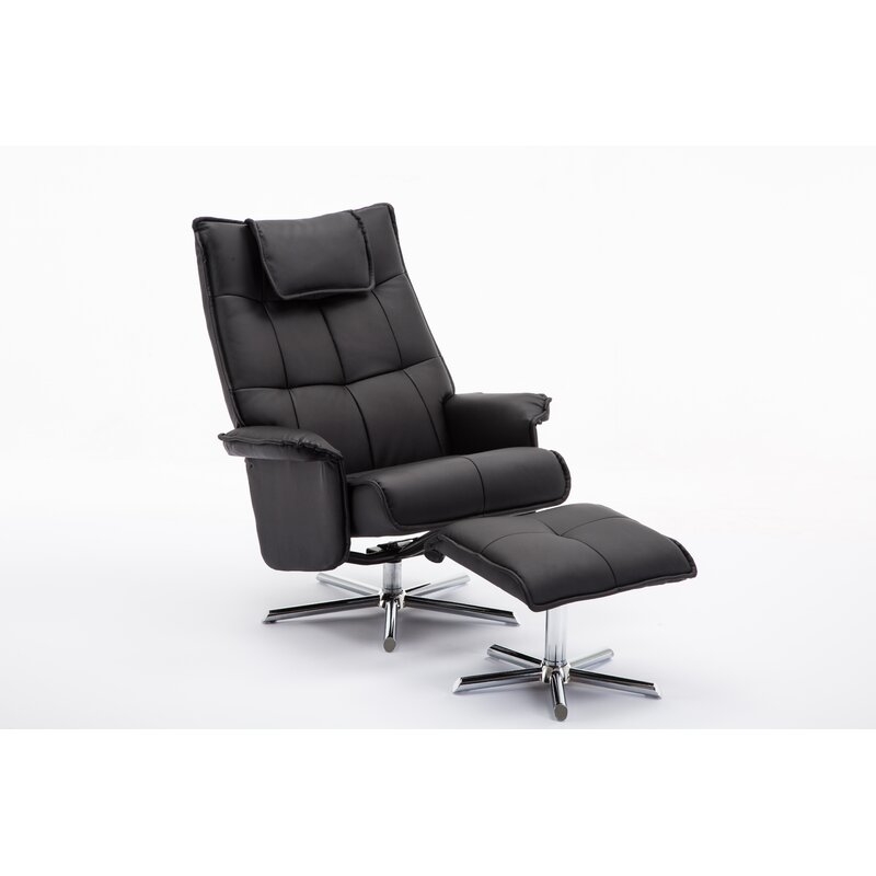 Finkelstein Manual Swivel Recliner with Ottoman- Black Faux Leather - Image 0