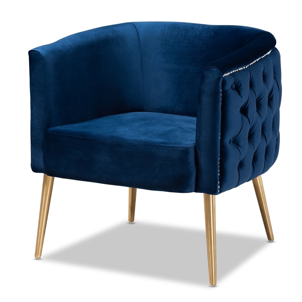 Marcelle Glam and Luxe Navy Blue Velvet Fabric Upholstered Brushed Gold Finished Accent Chair - Image 0