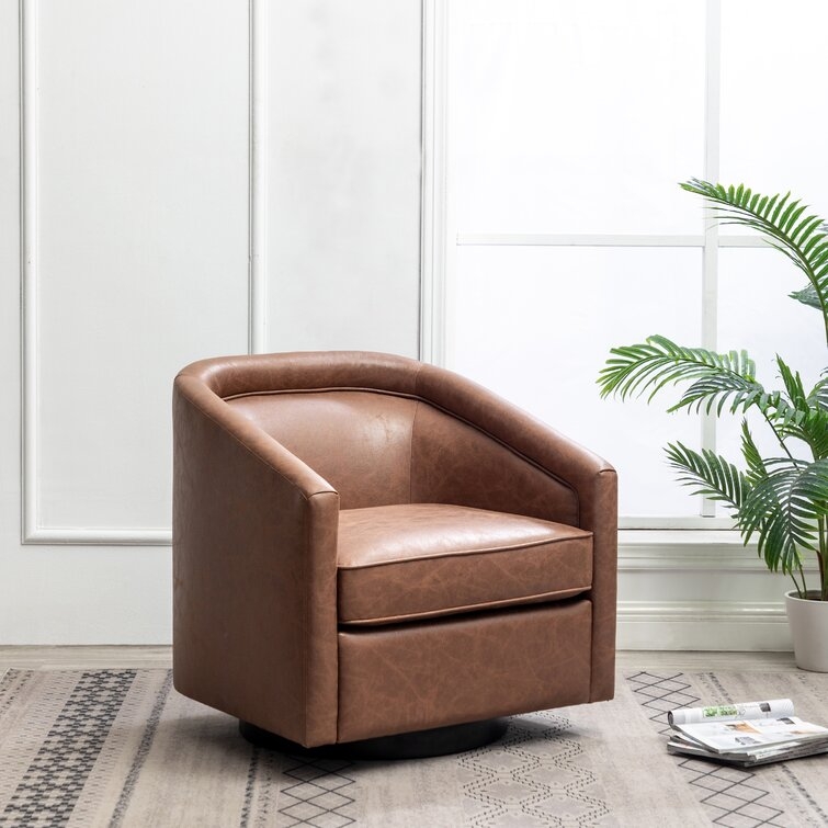 Kiersten 28.7" W Faux Leather Swivel Barrel Chair / Walnut Brown Faux Leather - Image 3