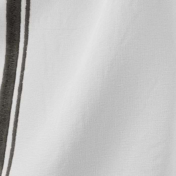Belgian Flax Linen Embroidered Stripe Curtain, White + Iron Gate, 48"x96" - Image 1