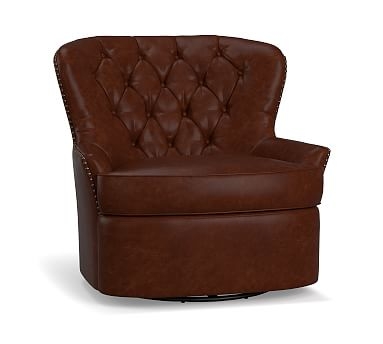 Cardiff Leather Swivel Armchair, Polyester Wrapped Cushions, Statesville Molasses - Image 0