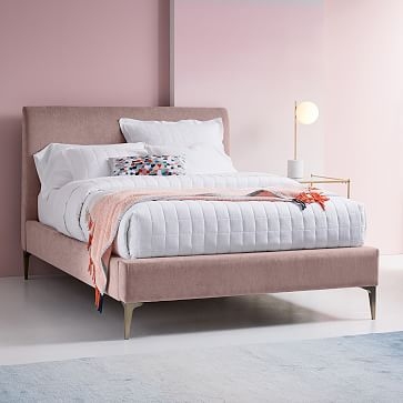 Deco Upholstered Bed, Queen, Distressed Velvet, Light Taupe, Light Bronze - Image 5