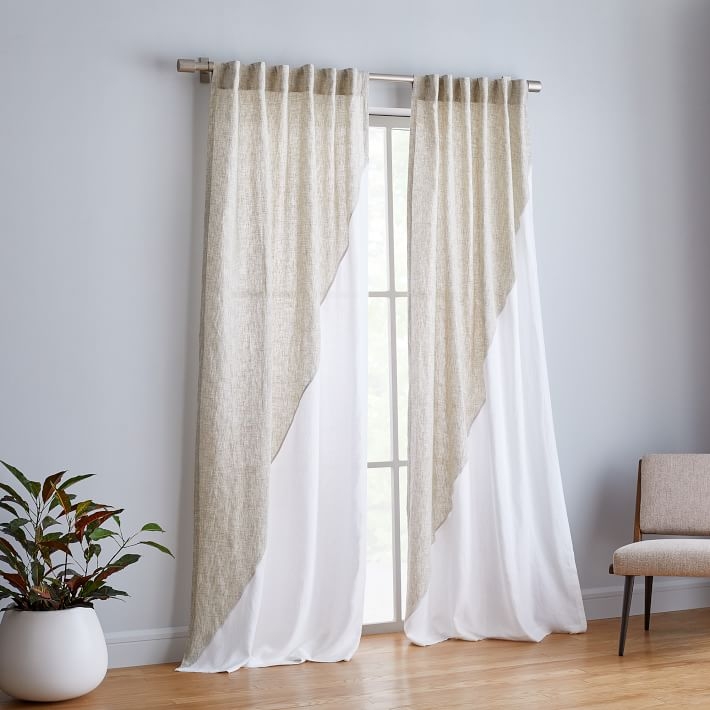 Belgian Flax Linen Diagonal Contrast Curtain, Flax Multi/White, 48"X96" - Image 0