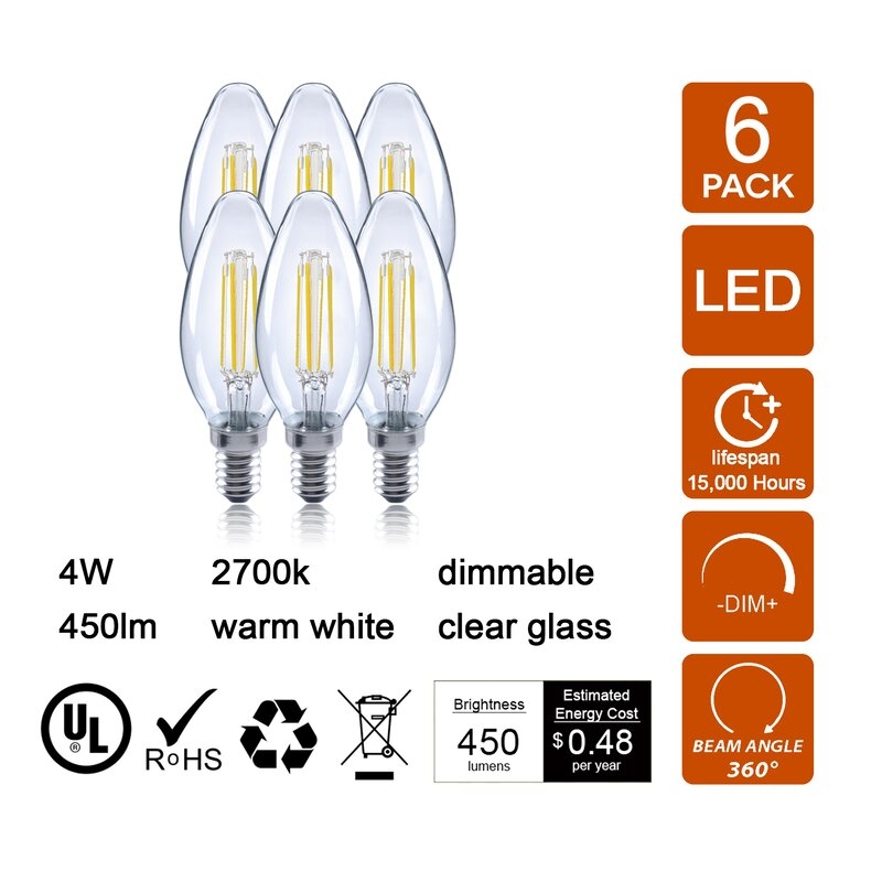 B11FILED4W27KD 40W E12 Dimmable LED Candle Light Bulb, Set of 6 - Image 0