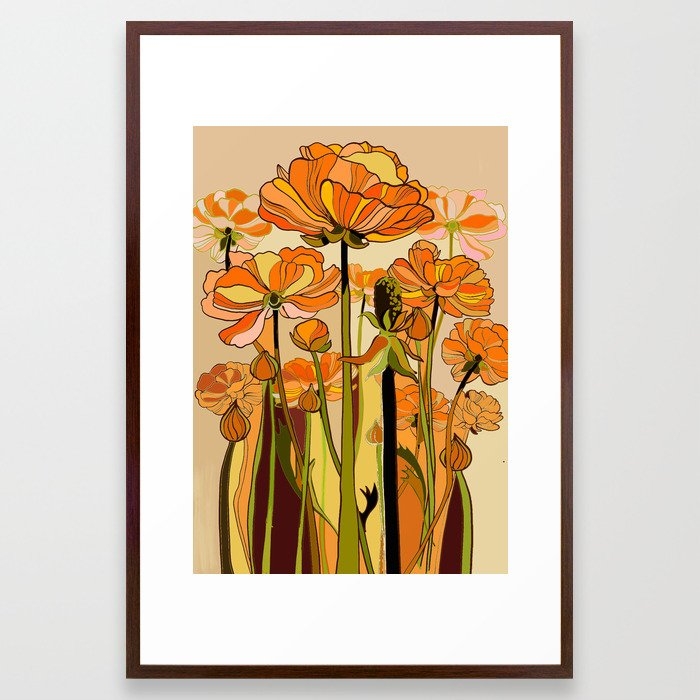 70s, Orange California poppies, mid century, 70s retro, flowers Framed Art Print - Image 0