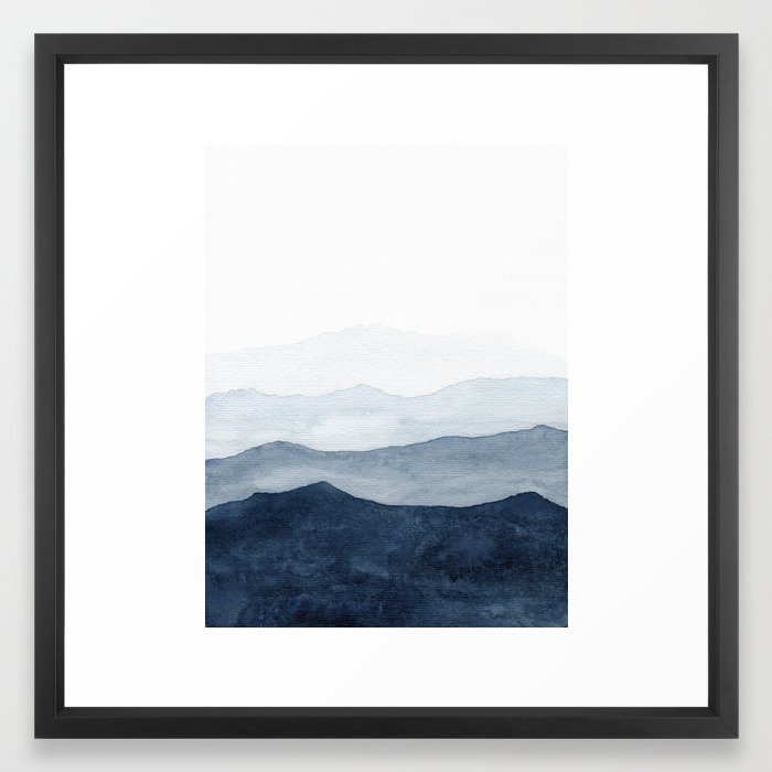 Indigo Abstract Watercolor Mountains Framed Art Print, FRAME Vector Black, SIZE Medium (gallery) - 22" X 22", - Image 0