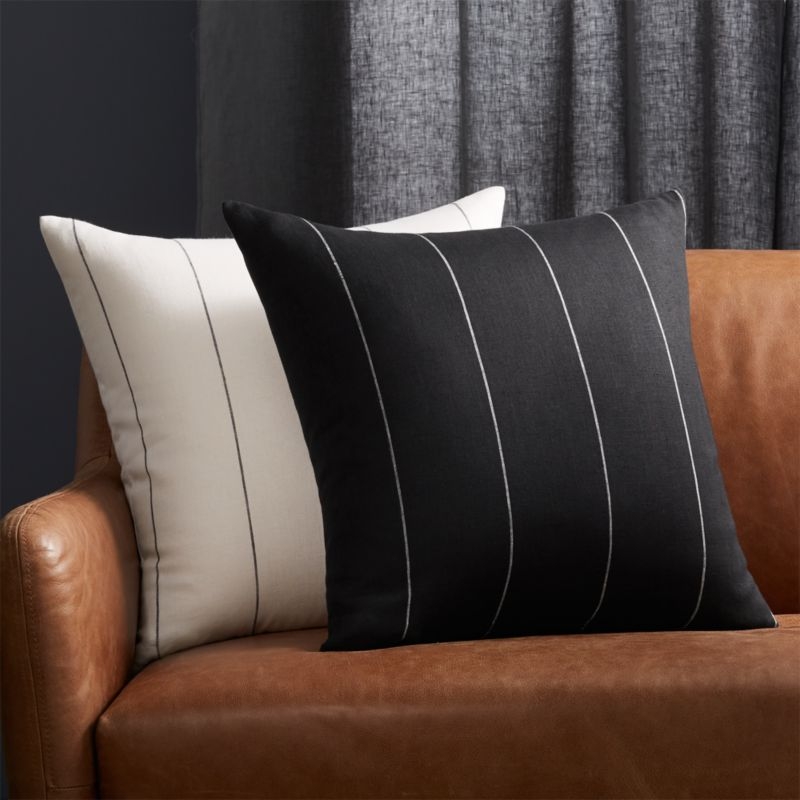 20" Pinstripe Black Linen Pillow with Feather-Down Insert - Image 2