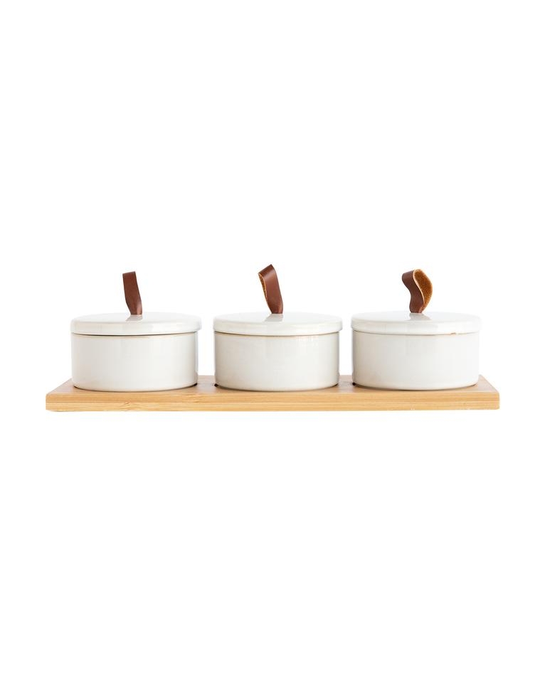 CANISTER SET WITH BAMBOO TRAY, WHITE - Image 0