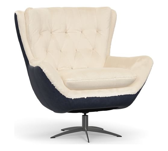 Wells Leather Swivel Armchair with Shearling, Polyester Wrapped Cushions, Statesville Indigo Blue - Image 0