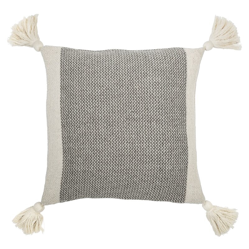 SQUARE Gray CREAM COTTON BLEND PILLOW WITH CORNER TASSELS - Image 0