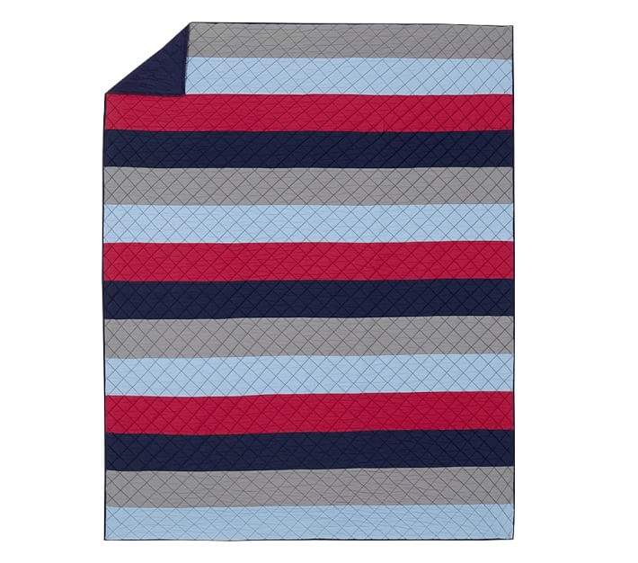 Block Stripe Quilt, Twin, Navy/Red/Blue - Image 1