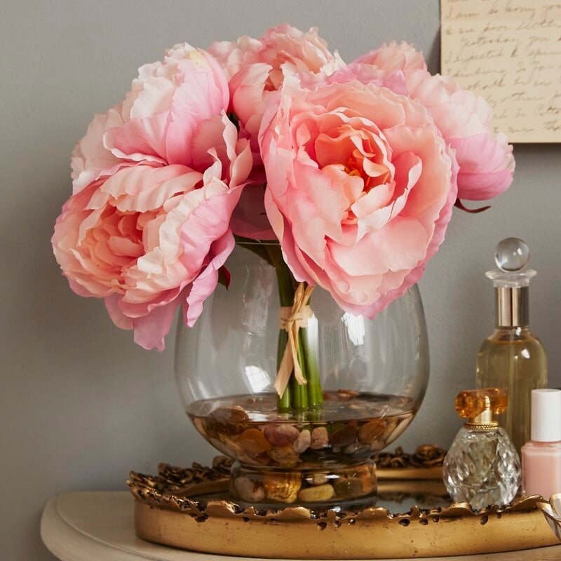 Peonies Floral Arrangement in Glass Vase - Image 1
