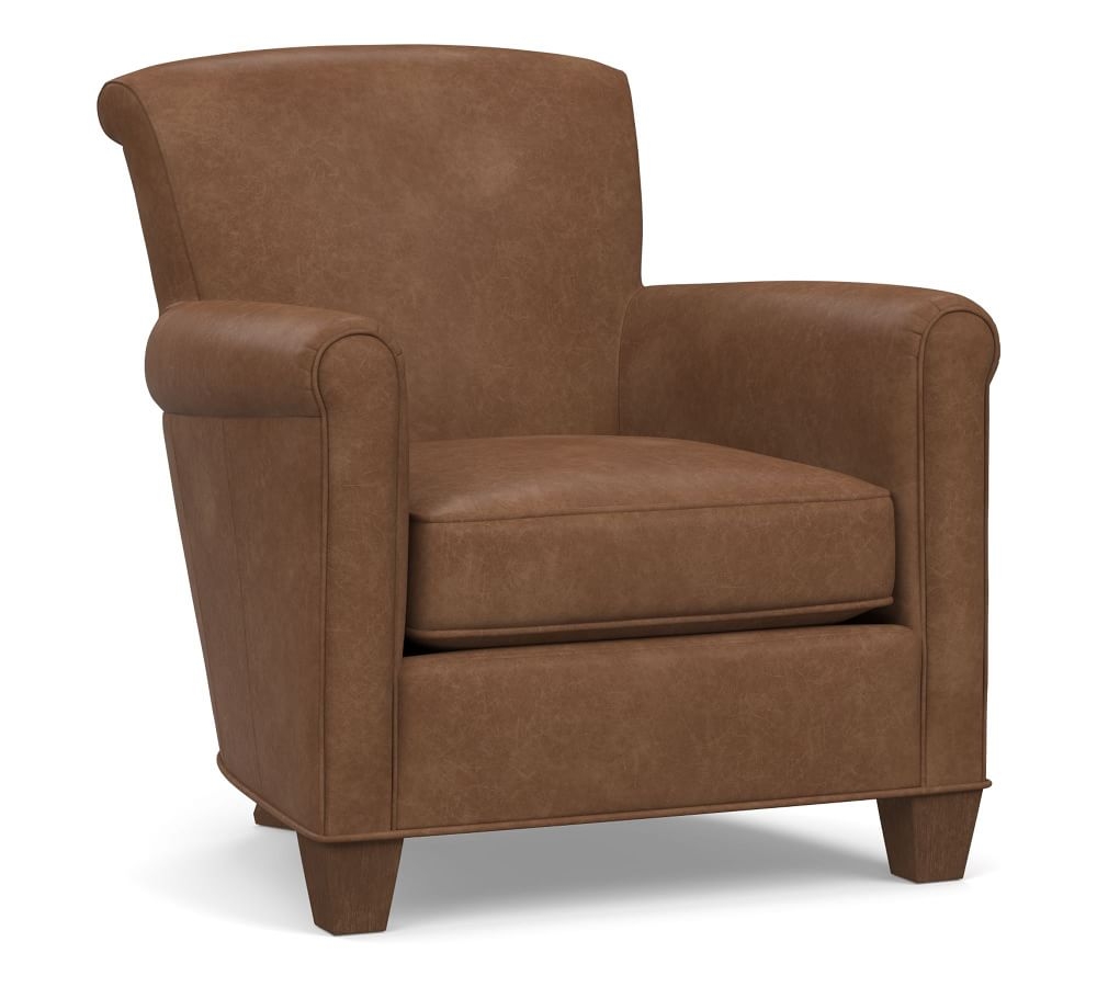 Irving Roll Arm Leather Armchair, Polyester Wrapped Cushions, Leather Vintage Caramel - Image 0