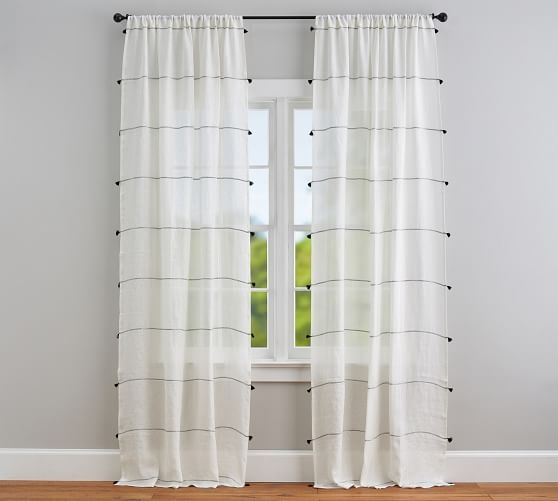Striped Linen Sheer Curtain, w/Tassels96", Ivory - Image 0
