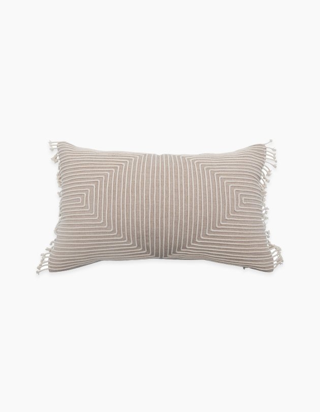 Cotton Chambray Appliqued Lumbar Pillow with Piping & Fringe - Image 0