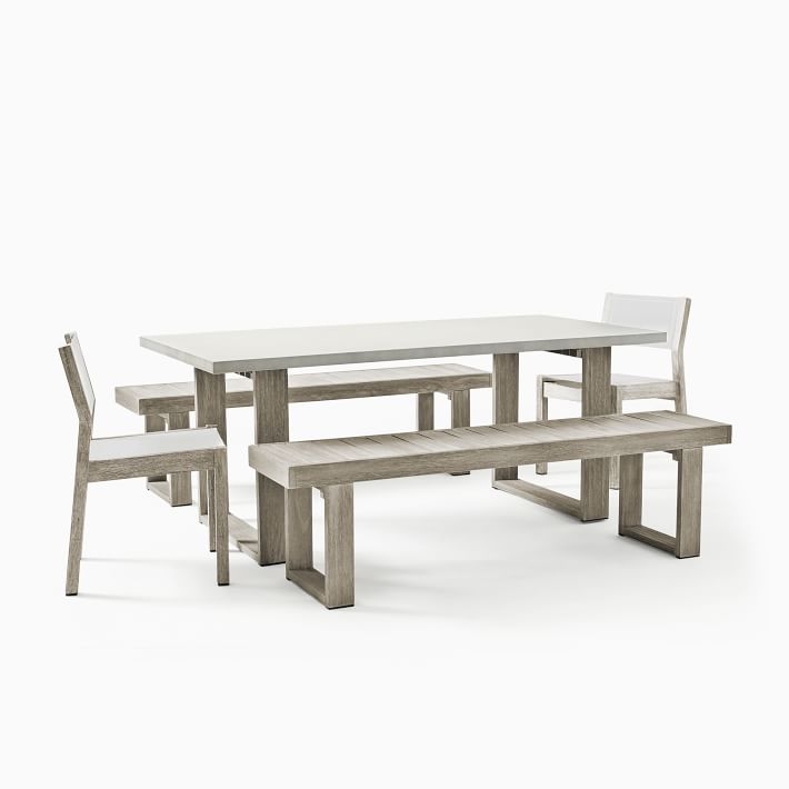 Concrete Outdoor Dining Table, 2 Portside Benches &amp; 2 Portside Textilene Chairs Set, Weathered Gray - Image 0
