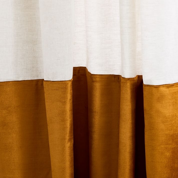 Belgian Flax Linen & Luster Velvet Curtain - Natural/Golden Oak-96" - Image 1