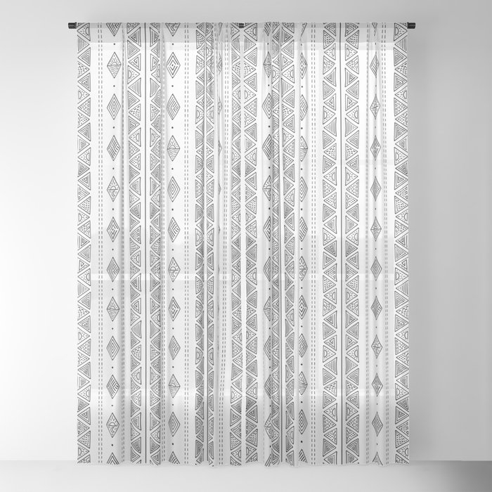 White and Black Mud Cloth Style Boho Tribal Pattern Sheer Curtain, 50x96 PAIR - Image 0