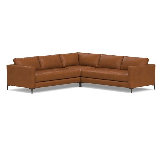 Jake Leather 3-Piece L-Shaped Corner Sectional with Bronze Legs, Down Blend Wrapped Cushions, Leather Statesville Caramel - Image 0